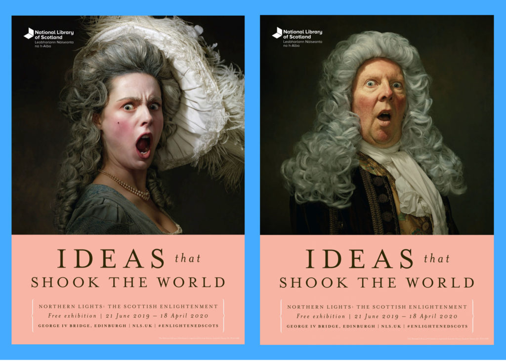 campaign images, historic looking male and female with shocked expressions looking to camera