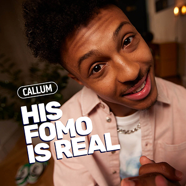 Young man with mobile phone and text 'Callum, his FOMO is real