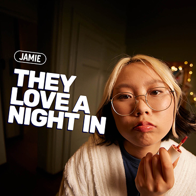 Young girl looking at camera with text 'Jamie, they love a night in'