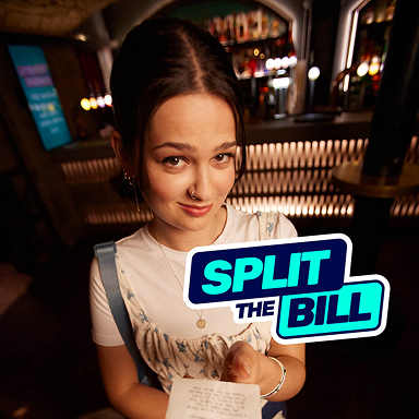 Girl holding a bill with text' Split the bill'