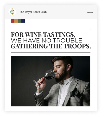 As for the Royal Scots Club, man drinking wine in a suit