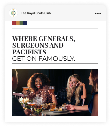 Ad for Royal Scots Club, group of people sitting and drinking/eating together