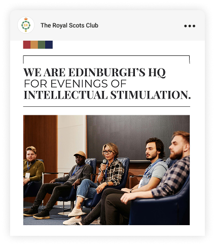Ad for Royal Scots Club, group of people sat at an event
