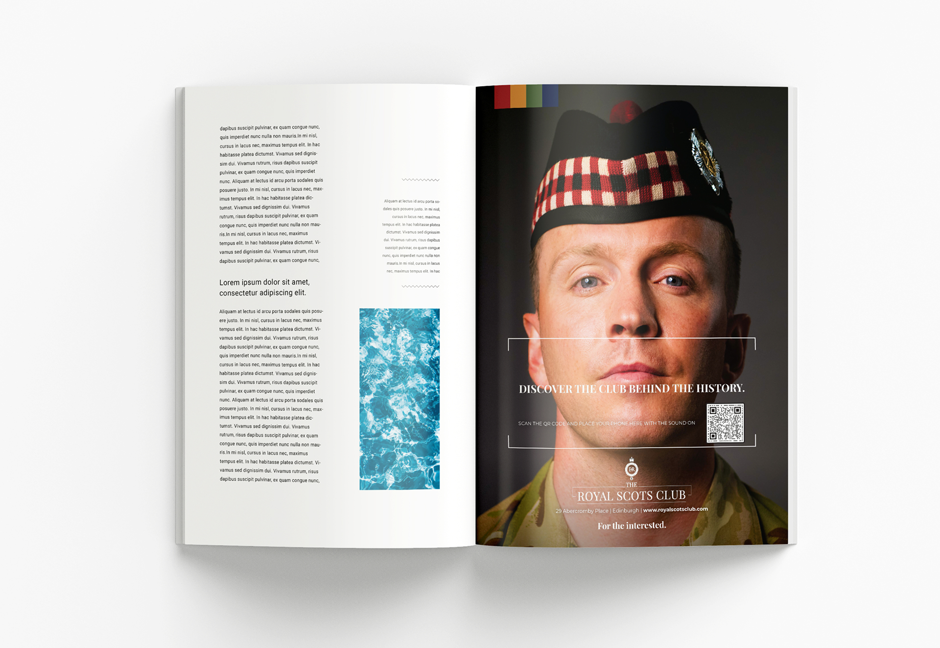 Booklet open with a man's face on one side in army uniform and text on the otherside