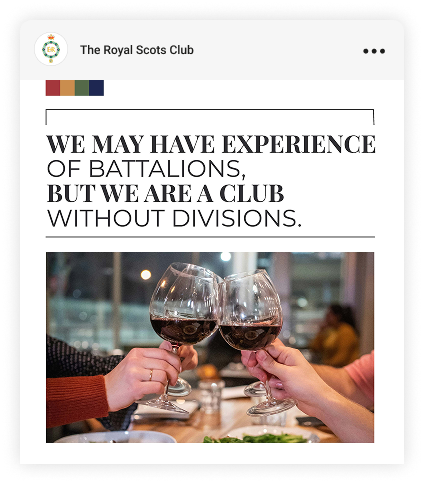 Ad for Royal Scots Club, two people touching wine glasses in toast