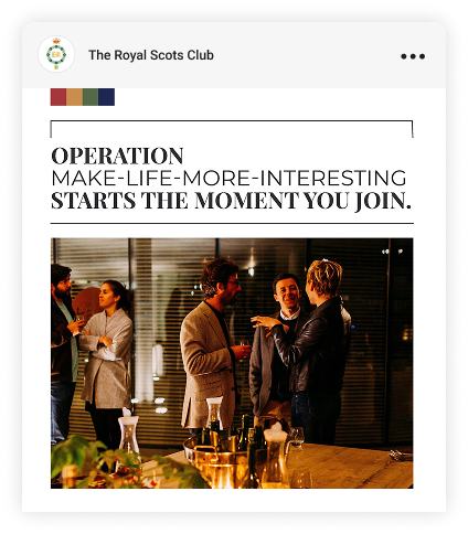 Ad for Royal Scots Club, group of people at a party