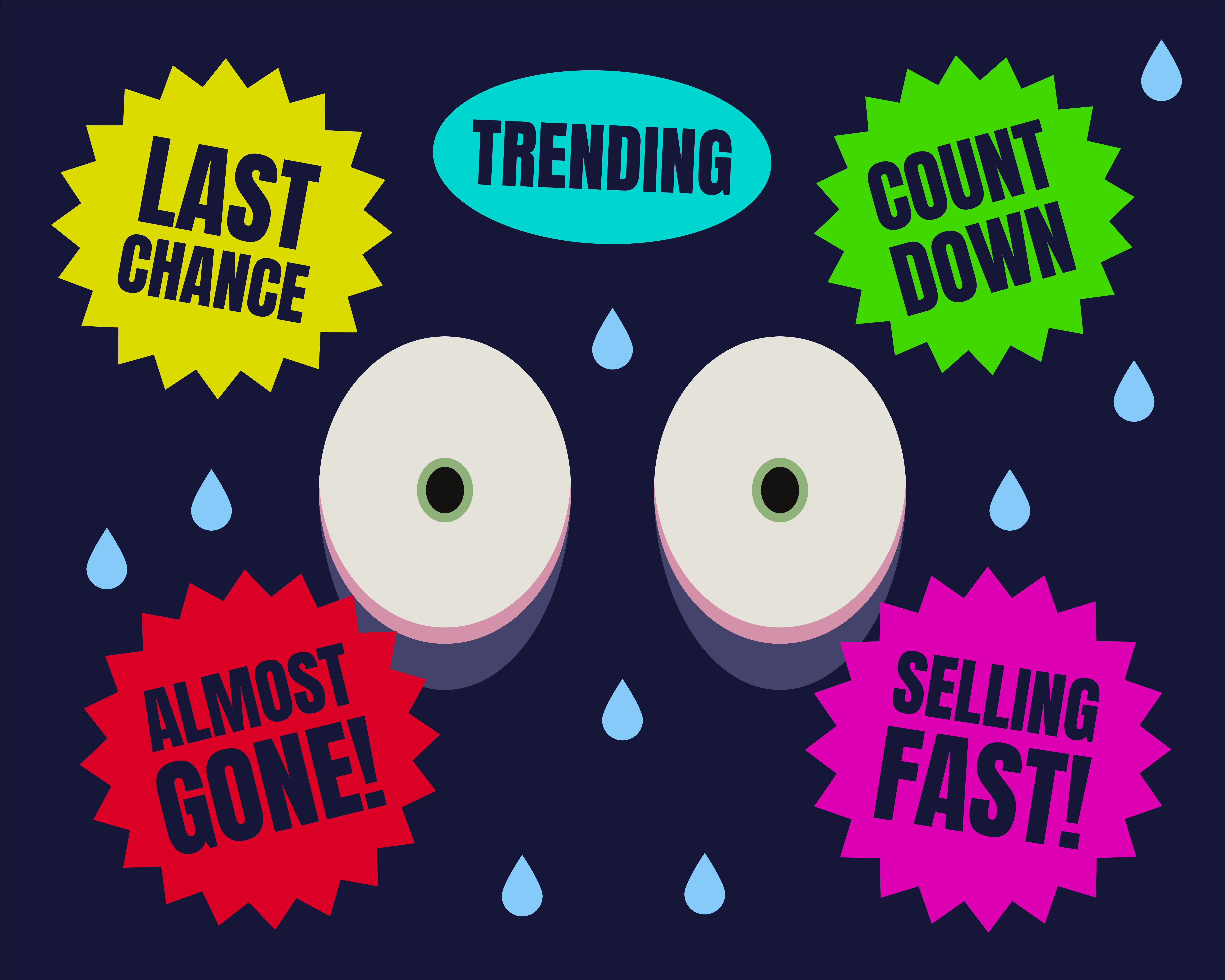 Two fearful looking eyes, surrounding by sales stickers.