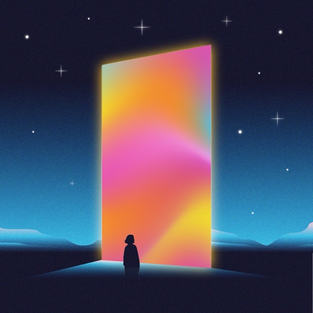 Night sky with large coloured door with person standing in front of it