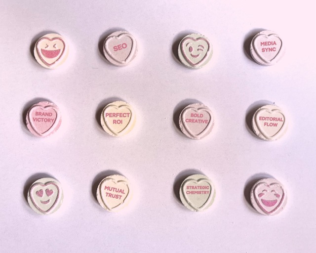 Sugar hearts filled with marketing terms 