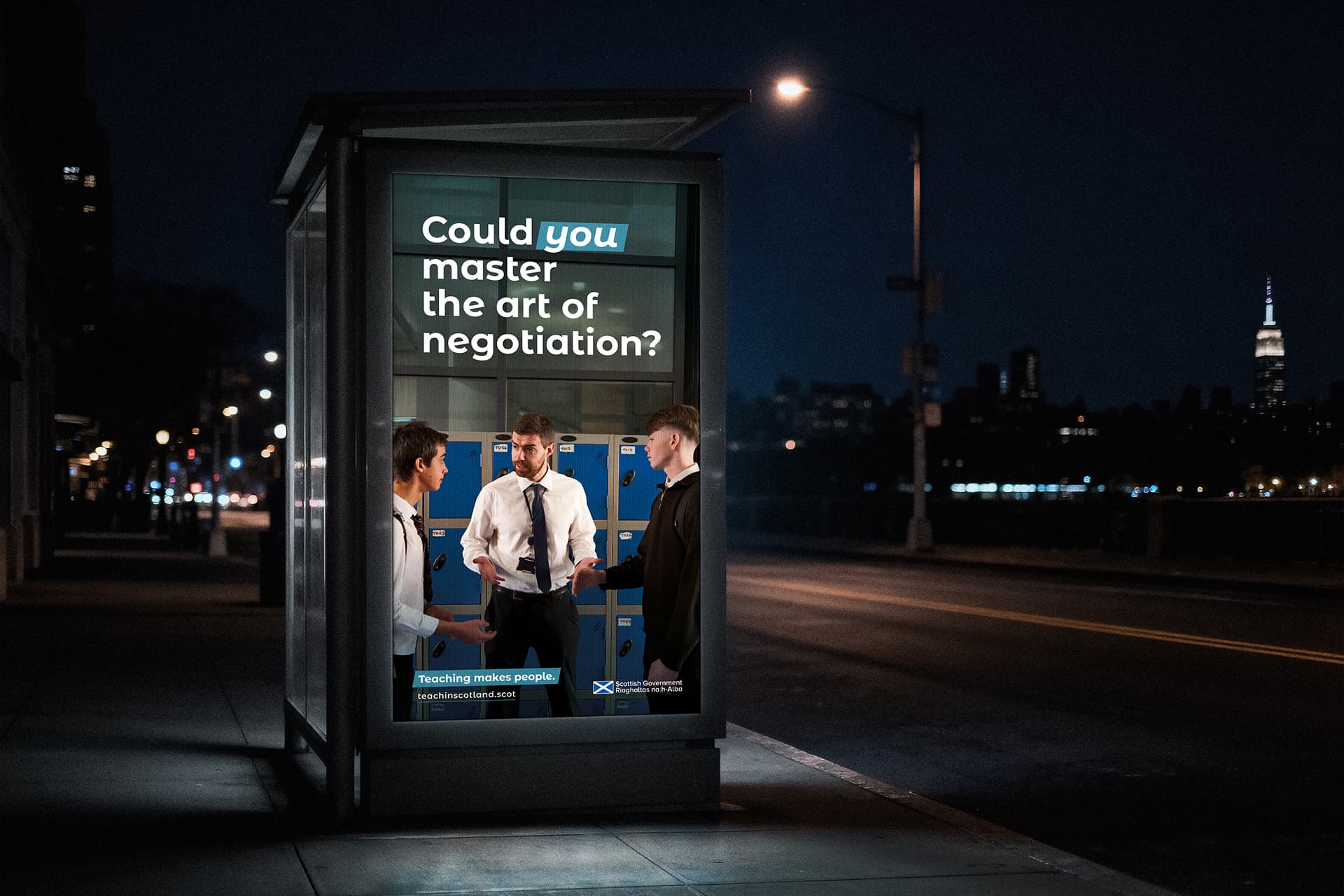 Bus stop ad banner on bus shelter or teacher speaking to two pupils