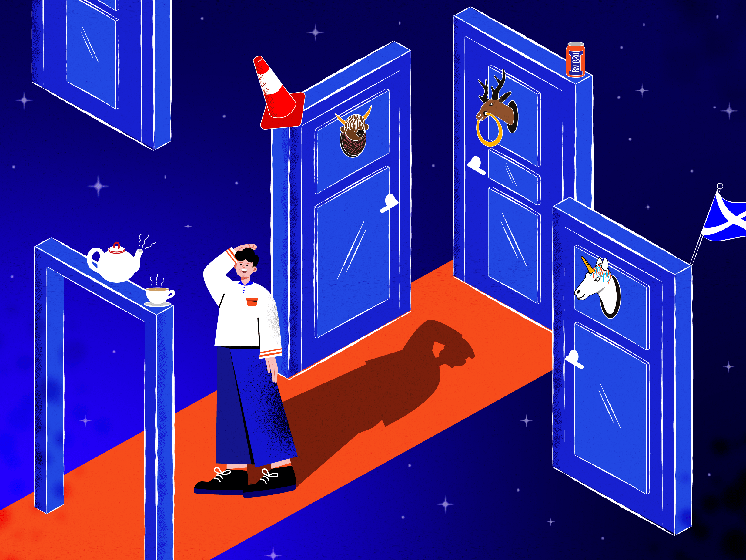 An illustration of a person standing in the middle of several doors with different things on each one